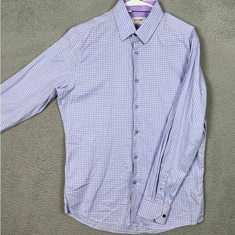 Duchamp Shirt Mens Large 16-41 Purple Slim Fit Dress Check Button Up Stretch EUC